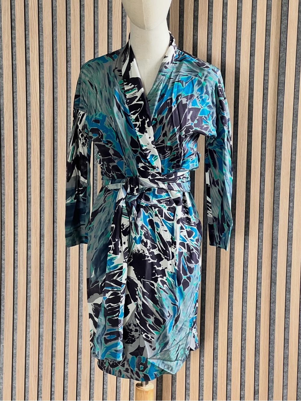 Emilio Pucci Silk Teal, Blue & Black Abstract Wrap Dress- US 6 IT 40